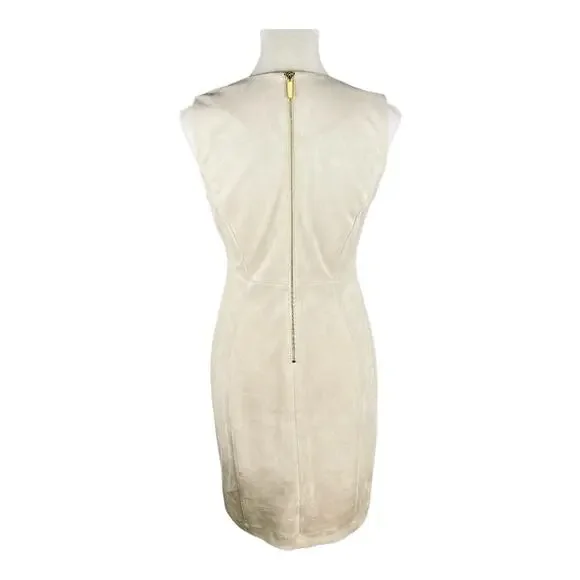 Calvin Klein Faux Suede Sheath Dress Soft Beige Sleeveless Gold Zip Back Size 4